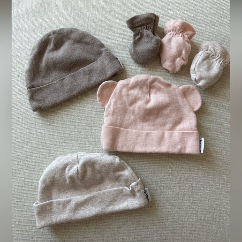 Gerber Pink and Brown Baby Hat and Mittens Set